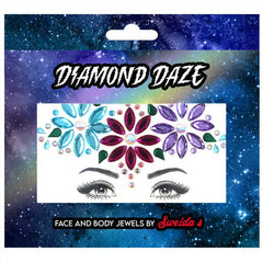 face jewels flower child, 3 daisy shapes in blue, pink and purple diamantes, adhesive backing.