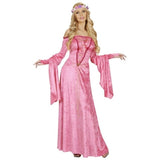 Fair Maiden velvet medieval dress pink front view with gold bodice lacing