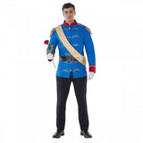 Fairytale Blue Prince men’s costume with detailed jacket, epaulets, royal sash, and belt – perfect for storybook or Book Week events.