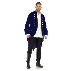 Fairytale Blue Prince Costume - Hire, blue tail coat in velvet look with wide cuffs and silver buttons.