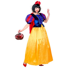 Adult fairytale princess costume with yellow skirt, blue bodice and red cape