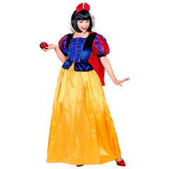 Adult fairytale princess costume with yellow skirt, blue bodice and red cape