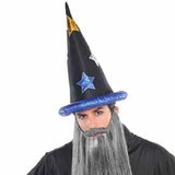 Fairytale wizard hat, black base, blue brim and embellished with stars.