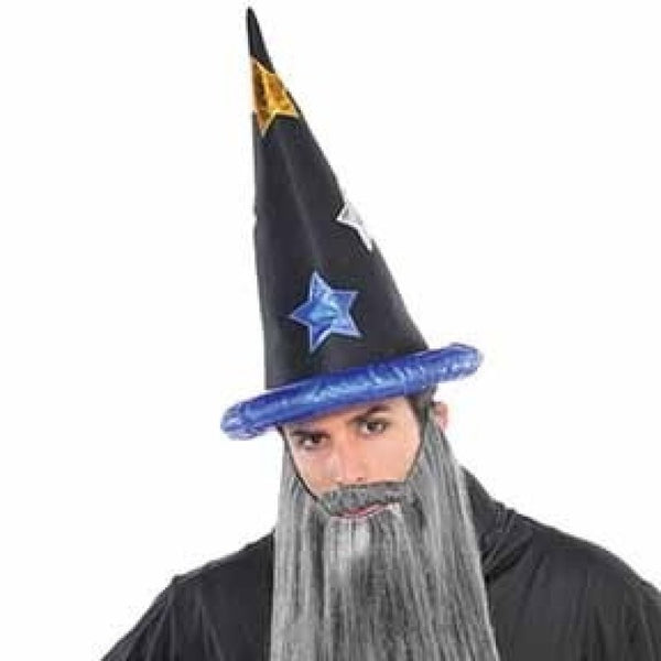 Fairytale wizard hat, black base, blue brim and embellished with stars.