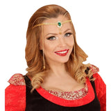 Woman wearing a gold headpiece with an emerald stone on a white background