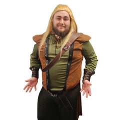 Fantasy Elf Costume – Hire front view showing green and brown tunic, cape and braided wig for costume hire in Brisbane