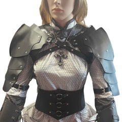 A dark brown fantasy armor costume displayed on a mannequin, featuring large shoulder pauldrons, a lace-up corset-style midsection, and leather straps with metal studs.