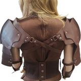 Brown faux leather medieval-style armor shoulder guards and a matching back strap system, shown on a model from behind.