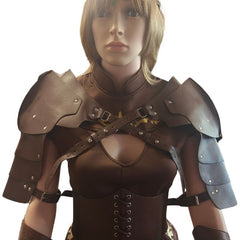 A dark brown fantasy armor costume displayed on a mannequin, featuring large shoulder pauldrons, a lace-up corset-style midsection, and leather straps with metal studs.