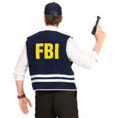 FBI Agent costume with lightweight vest featuring yellow FBI print and matching cap