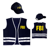 FBI Agent costume with lightweight vest featuring yellow FBI print and matching cap