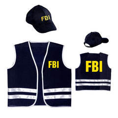 FBI Agent costume with lightweight vest featuring yellow FBI print and matching cap