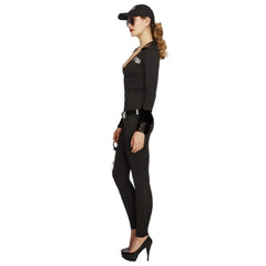 FBI Ladies Costume - Black bodysuit with "FBI" on chest, belt and cap.
