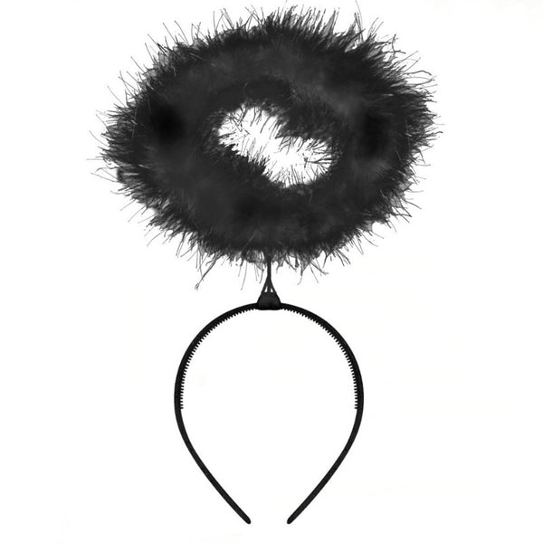 Black Feather Fallen Angel Halo – gothic halo headpiece for Halloween or dark angel costumes.