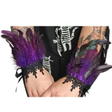 Feather wrist cuffs in purple – perfect for witches or festival wear

