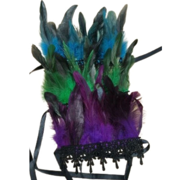 Feather shawl and wrist cuffs in assorted colours – perfect for witches or festival wear