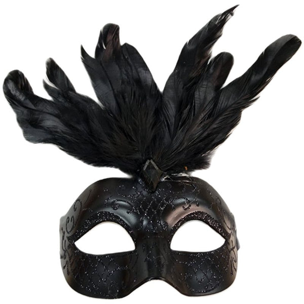Feathered Masquerade Mask , black ladies mask with black glitter with black feathers.