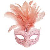 Feathered Masquerade Mask, matt pink base, embellished with pink glitter and pink feathers.