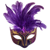 Feathered masquerade mask in purple with gold accents