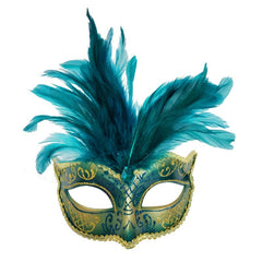 Feathered Masquerade Mask, teal and gold base, decorated in glitter and enhanced with teal blue feathers.