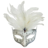 Feathered Masquerade Mask, white with silver glitter swirls and white feathers.