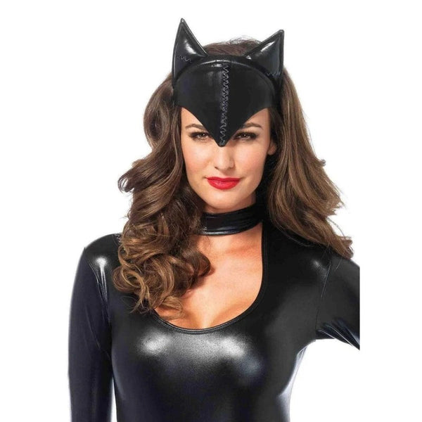 Black faux leather cat ears on headband for feline costume or Halloween look