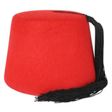 Felt fez hat in red with long black tassel.