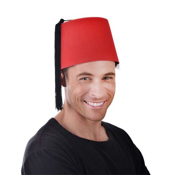 Felt fez hat in red with long black tassel.