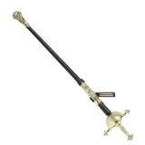 Decorative sword with gold and black design on a white background