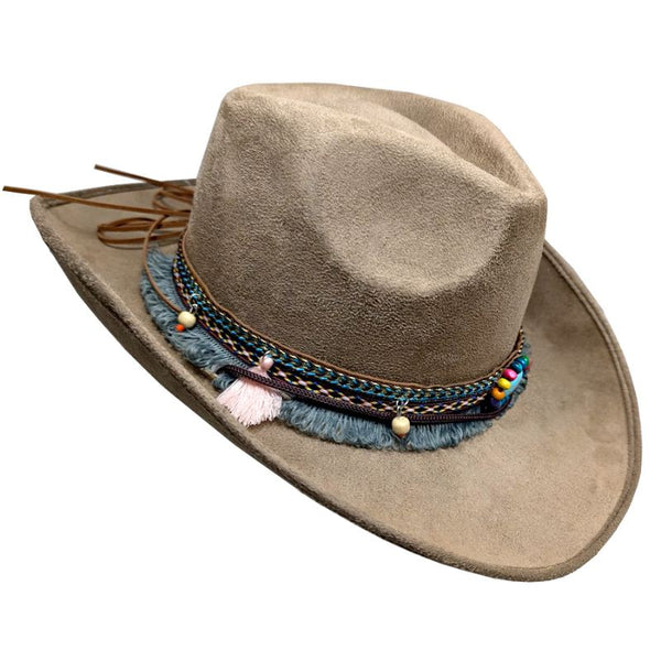 Festival Hat w/Braided Headband, brown cowboy style with braid and beaded band. adult size
