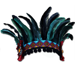 Festival Headpiece-Aztec, row of black feathers on colourful braid and trimmed with pom poms, elastic at the back.