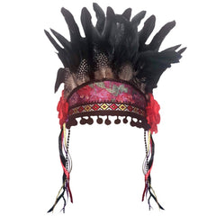 Festival Headpiece - Rose Queen, with two rows of feathers enhanced with braid, ribbons and flowers.
