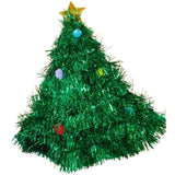 Green tinsel Christmas tree with colorful ornaments on a white background