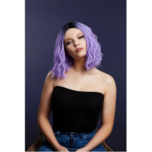 Fever Cara Wig, Two Toned Blend, Violet, shoulder length with soft waves, dark roots.

