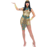 Person wearing an Egyptian-themed costume with gold and blue accents on a white background