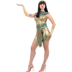 Fever Egyptian Costume with short gold dress, matching belt, and ornate collar for women