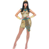 Fever Egyptian Costume with short gold dress, matching belt, and ornate collar for women