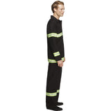 Fever Fireman Adult Costume, Black jacket and pants with reflective tape, no hat.