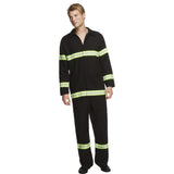 Fever Fireman Adult Costume, Black jacket and pants with reflective tape, no hat.
