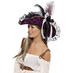 Purple velvet pirate hat with braid ribbons and feathers.