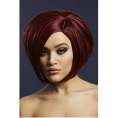 Fever Savanna Wig - Deep Red asymmetric bob with side parting.