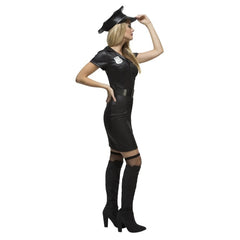 Fever Sexy Cop Ladies Costume, figure hugging zip up at the front dress with badge, belt and cap.
