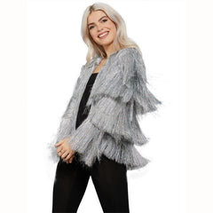 Fever Silver Tinsel Festival Jacket with layers of tinsel fringing.