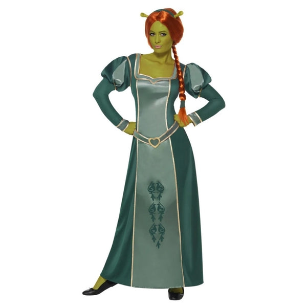 Adult Fiona costume from Shrek featuring green dress red braided wig and ogre ear headband