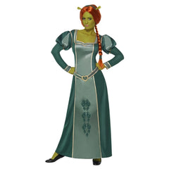 Adult Fiona costume from Shrek featuring green dress red braided wig and ogre ear headband