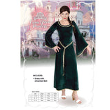Fiona green medieval princess costume, ankle length velveteen with gold trim at neckline, sleeves and hemline, attached belt.