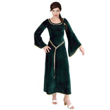 Fiona green medieval princess costume in velveteen, pull over head, elastic at back waist, gold trim at neckline, sleeves and hemline.