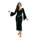 Green medieval princess costume with gold trim and lace-up back