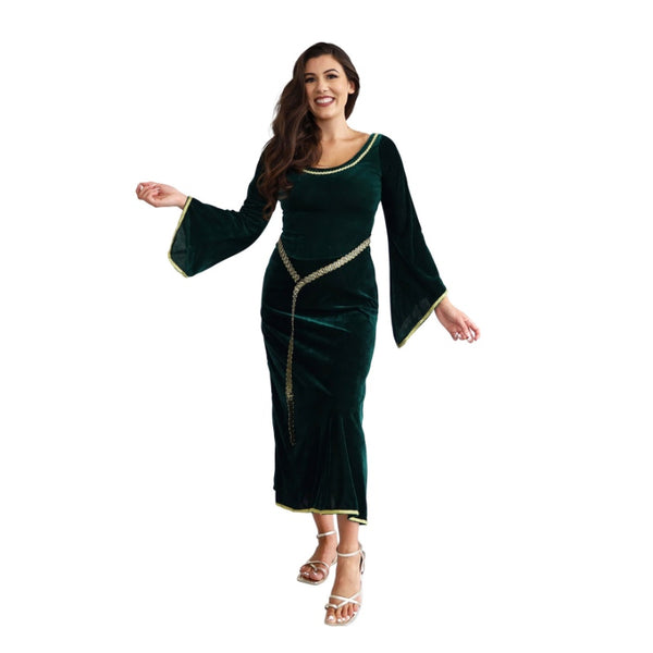 Green medieval princess costume with gold trim and lace-up back