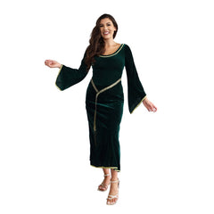 Green medieval princess costume with gold trim and lace-up back